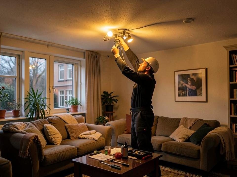 Verlichting wordt aangebracht in een woonkamer