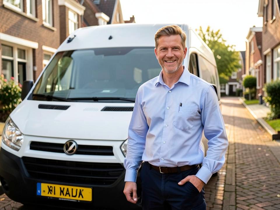 Monteur van Vision Totaalbouw bij de bedrijfsbus
